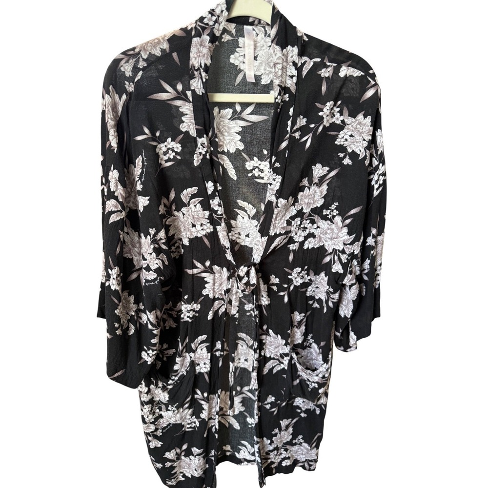 Spiritual Gangster Maya Kimono Black Floral Tie Waist Cover Up OS‎ Open Front